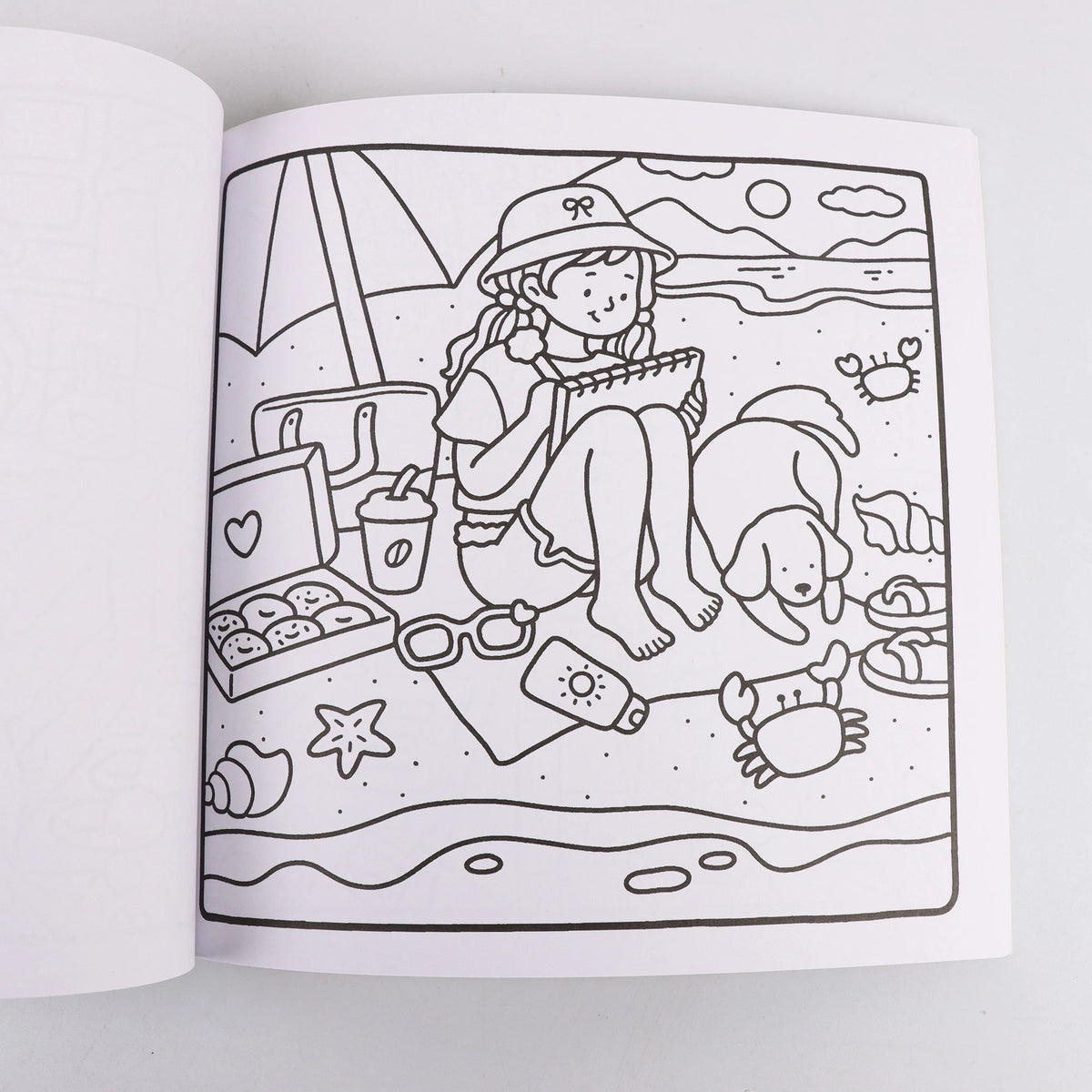 A black and white line drawing of a girl relaxing outdoors with a dog, stars, and various nature elements.
