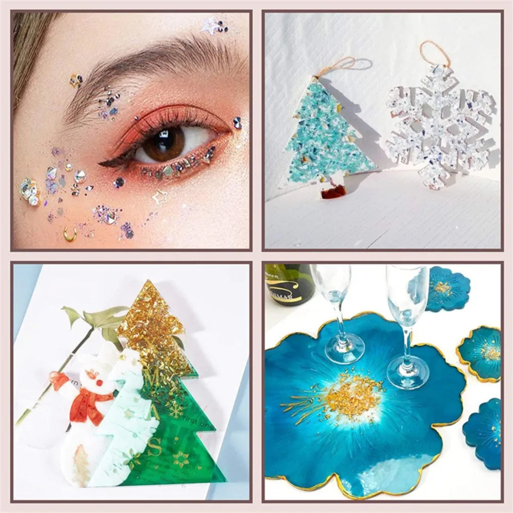 A collage showing glitter makeup, a teal Christmas tree ornament, and a gold glitter Christmas tree.