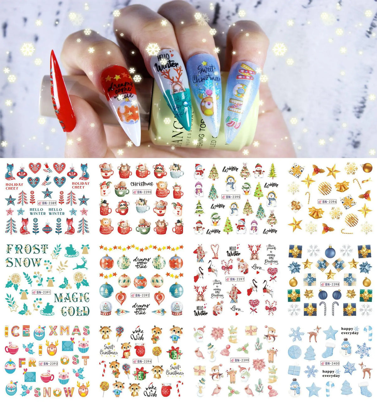 A hand displays various Christmas and winter themed nail art stickers for manicure designs.