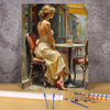 A painting by numbers kit depicting an elegant woman in a yellow dress sitting in a chair.
