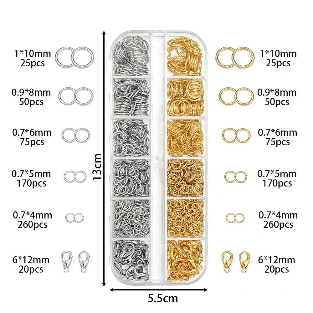 Assortment of gold and silver lobster clasps and open jump rings for jewelry making with various sizes and quantities