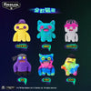 A collection of nine colorful plush toys shaped like funny ugly monsters with human-like teeth.