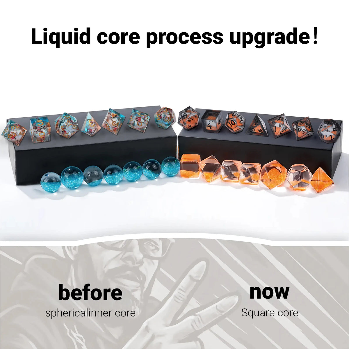 Comparison of spherical inner core dice before and now square core liquid core resin dice
