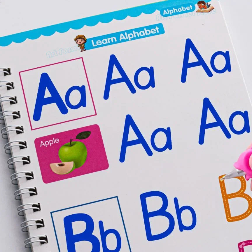 A colorful workbook page showing the alphabet letters Aa and Bb with corresponding pictures like an apple.