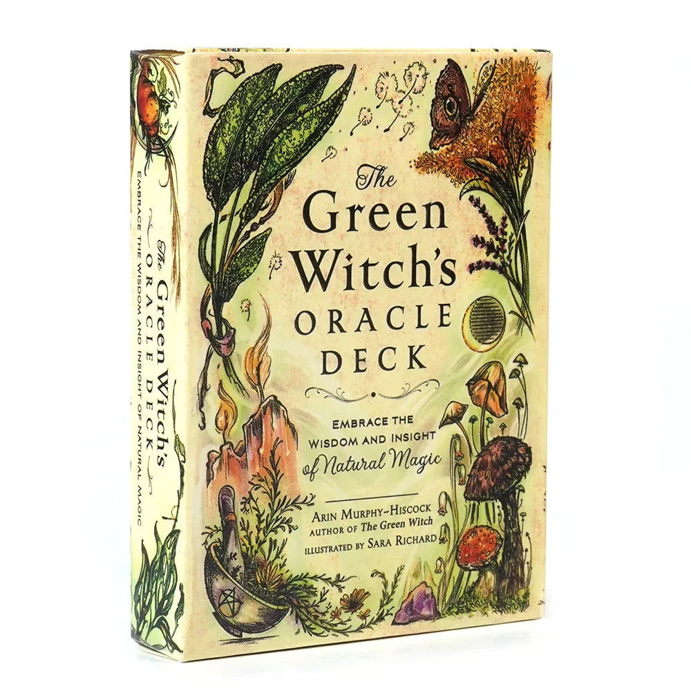A box of The Green Witch's Oracle Deck featuring botanical illustrations and natural magic themes.