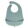 A light blue waterproof silicone baby bib with a catch pocket.