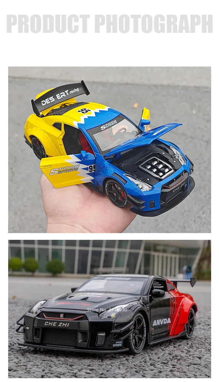 A yellow and blue Diecast GTR sports car model with racing decals is held in a hand.