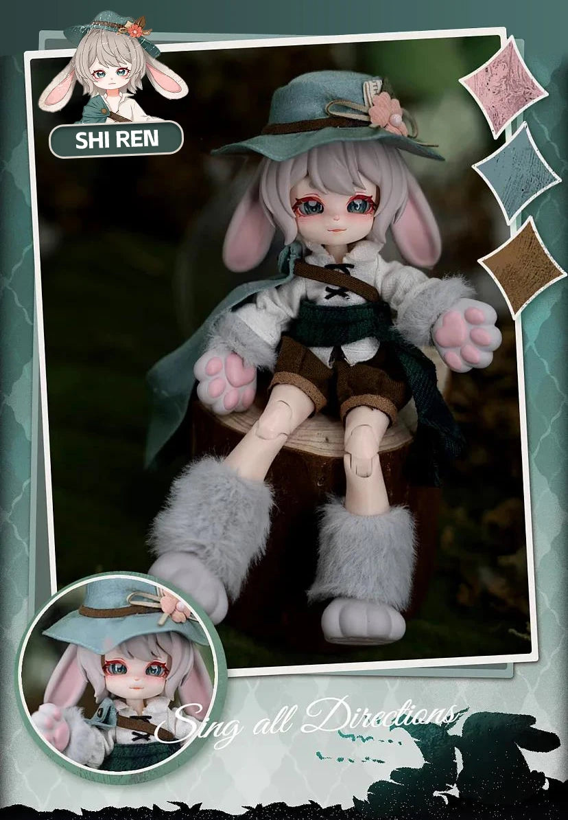A 1/12 scale Lunar-themed posable doll blind box featuring a character named Shi Ren with light pink hair and a hat.