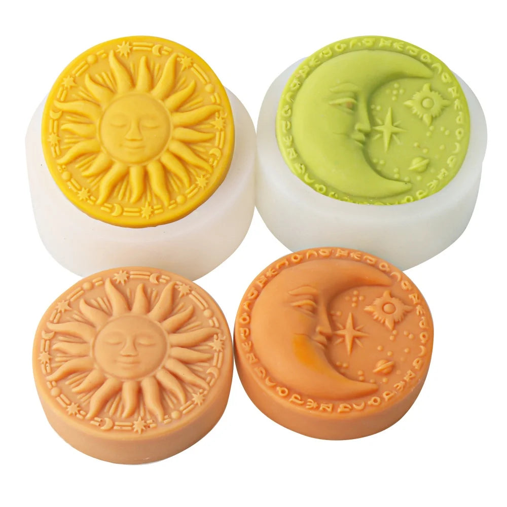 Set of three silicone molds for candles and soap making featuring sun, moon, and star designs in yellow, green, and orange to