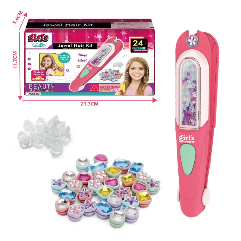 A pink hair kit box and several clear gemstone stamps for a kids craft project.