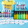 A collection of glow-in-the-dark water paint bottles and white plastic molds for a DIY kit.