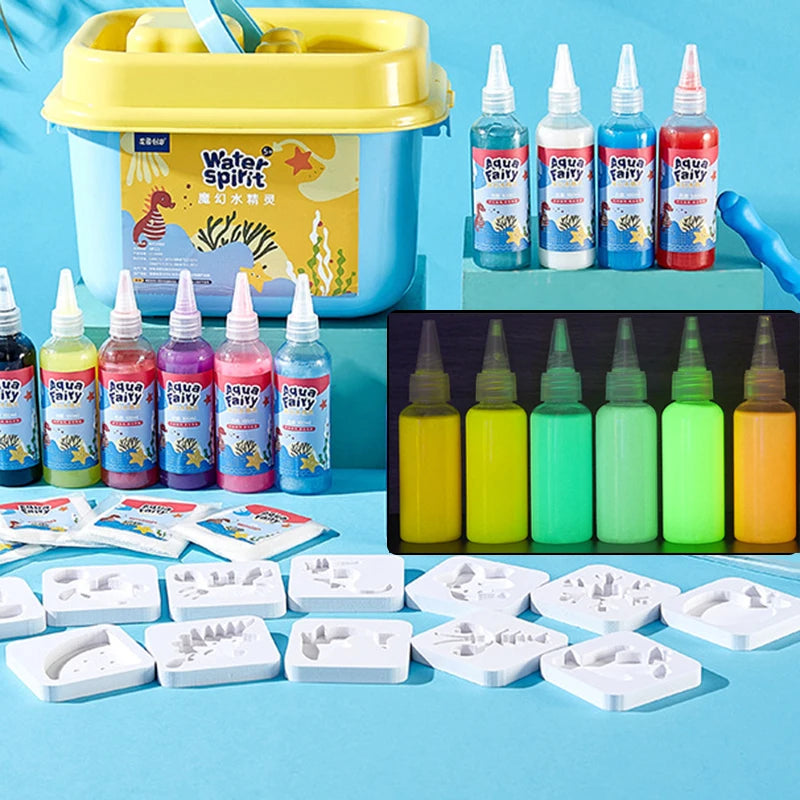 A collection of glow-in-the-dark water paint bottles and white plastic molds for a DIY kit.