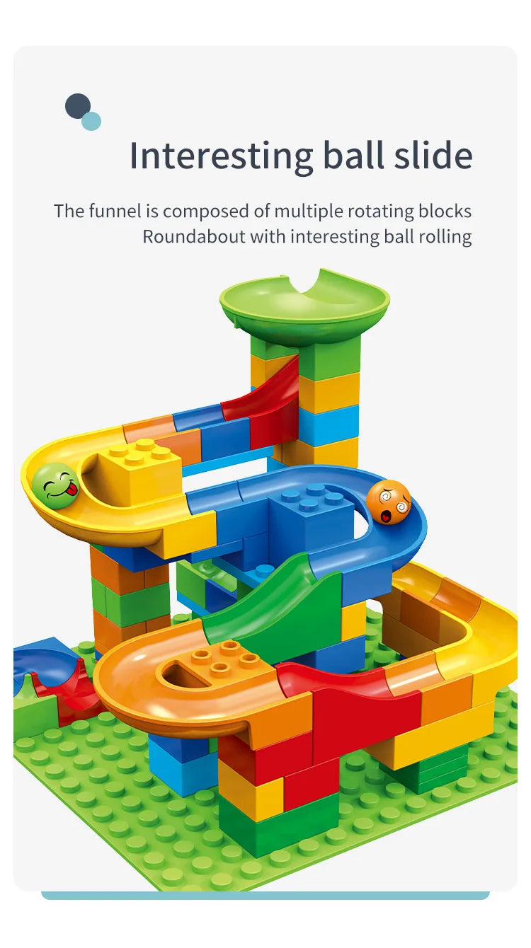 A colorful ball slide maze track built from interlocking building blocks.