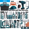 A collection of various tools and construction items including screwdrivers, pliers, and a toolbox for kids.