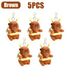Five brown capybara plush toys with gold-colored keychain attachments