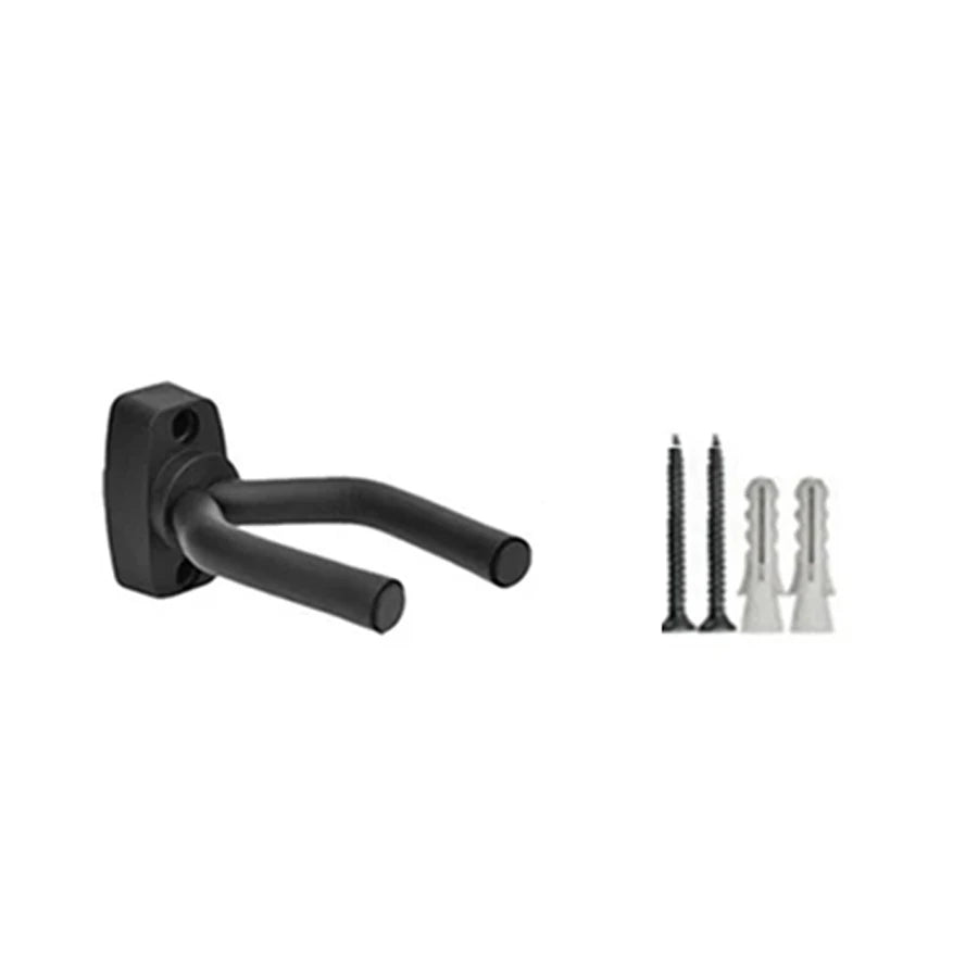 Black wall-mounted guitar holder with a non-slip cradle for mounting instruments.