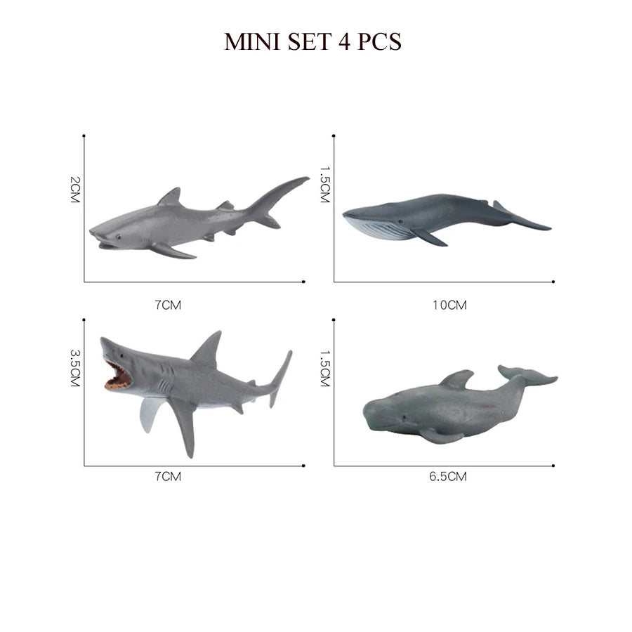 Mini set of four realistic ocean animal figurines including a whale, shark, dolphin, turtle, and penguin.