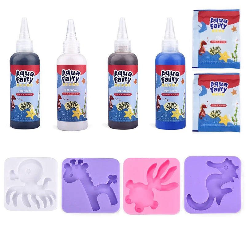 A set of Aqua Fairy magic DIY craft kits for kids featuring various colored bottles and purple silicone molds.