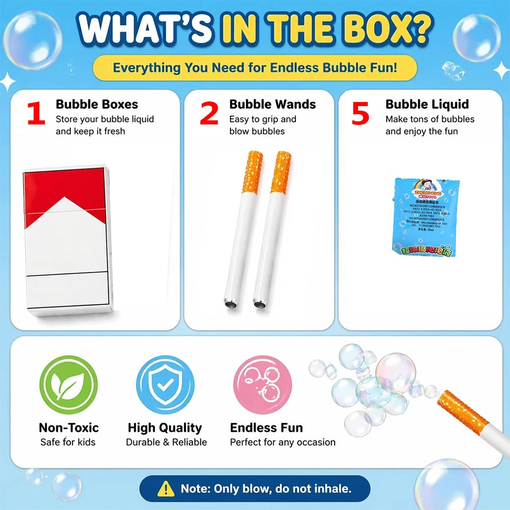 A box set for a bubble fun kit including bubble boxes, wands, and liquid for making bubbles.
