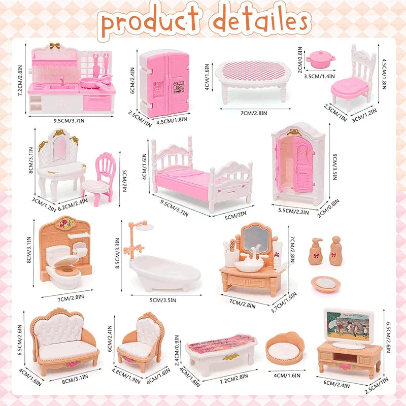 Dollhouse Furniture Set for Pretend Play – 3-Room Miniature Collection