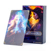 A box of the Divine Celestial Tarot card deck featuring an illustration of a woman with glowing hair and fire-like light.