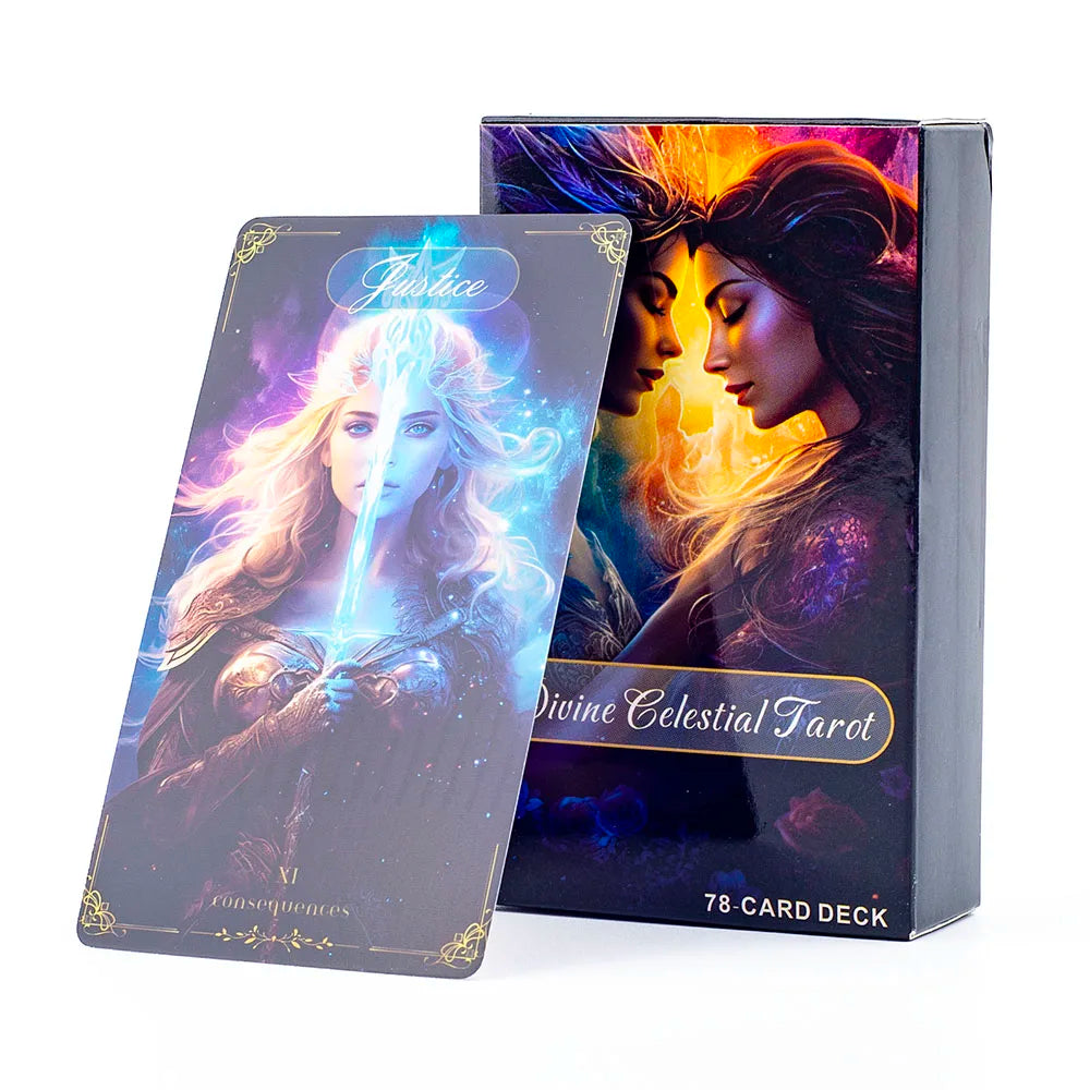 A box of the Divine Celestial Tarot card deck featuring an illustration of a woman with glowing hair and fire-like light.
