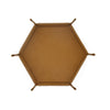 A hexagonal fold-out tray made of brown PU leather for tabletop games and desk organization.