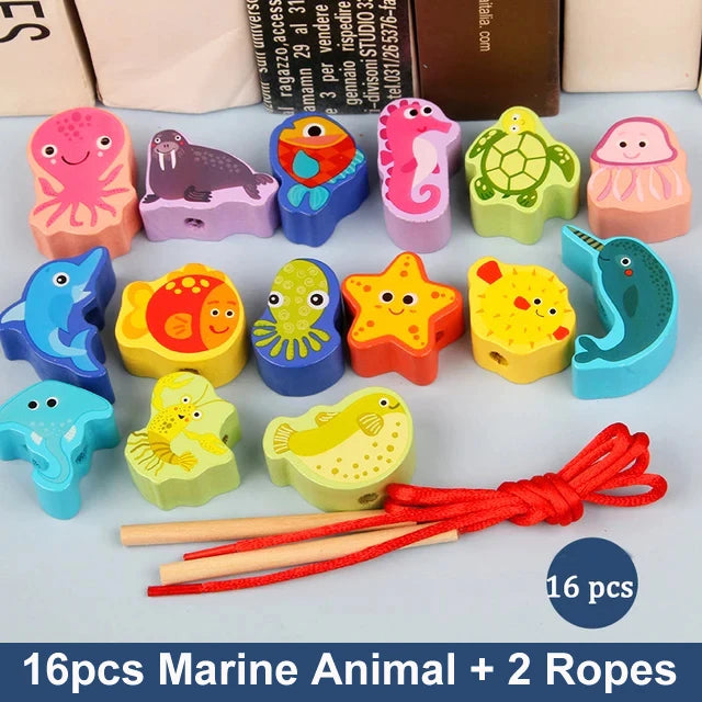 Wooden Animal & Fruit Threading Beads Set for Toddlers