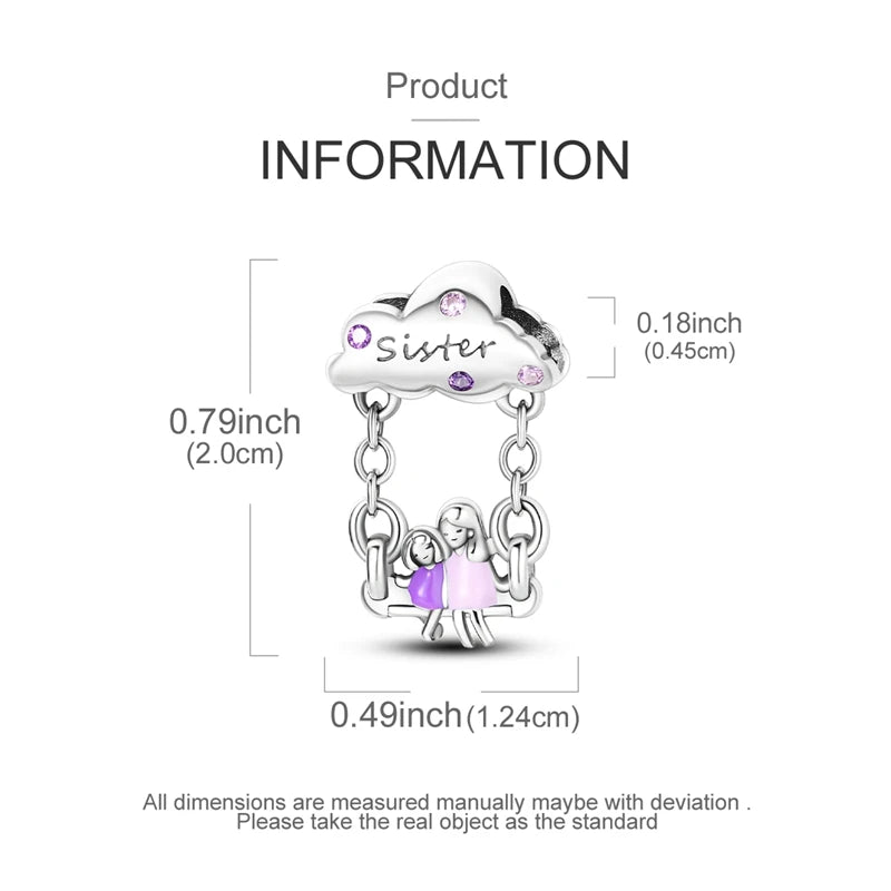 A silver heart charm for bracelets and necklaces with a sister theme.