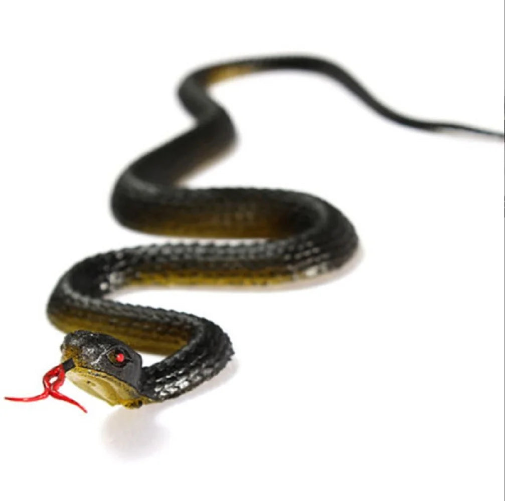 A dark, slender rubber snake decoy with a head and body coiled on a white surface.