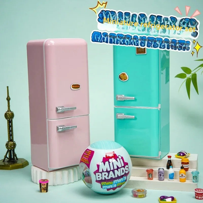 A pink miniature fridge playset with a teal refrigerator and a small food capsule on a white shelf.
