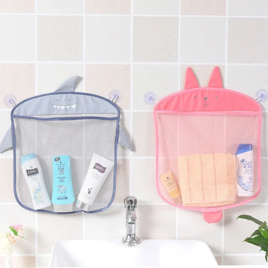 Pink and blue duck and frog toy storage bag with suction cups for bathroom use