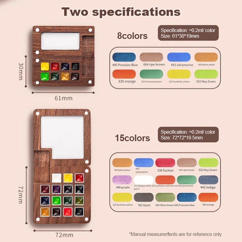 Two wooden watercolor paint sets are shown, one with 8 colors and another with 15 colors.