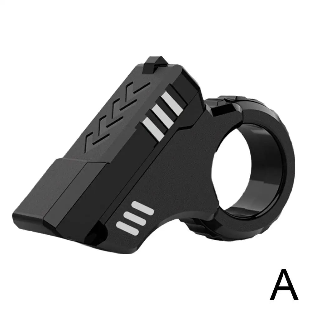 A black 3D printed rotary finger slider fidget toy with a textured grip and a circular ring.