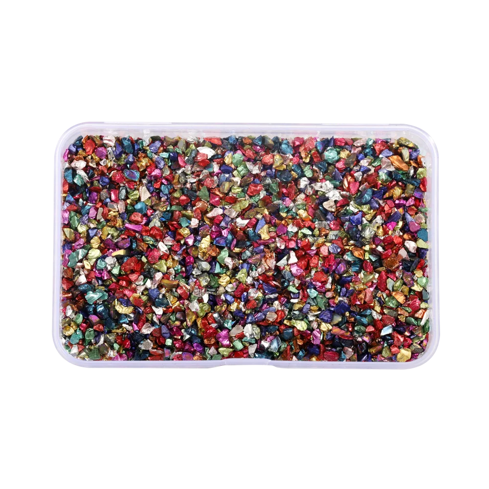 A clear plastic container filled with colorful crushed glass stones for resin and craft projects
