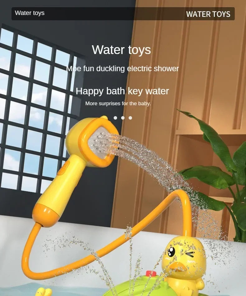 A yellow duck water spray bath toy is spraying water into a tub.