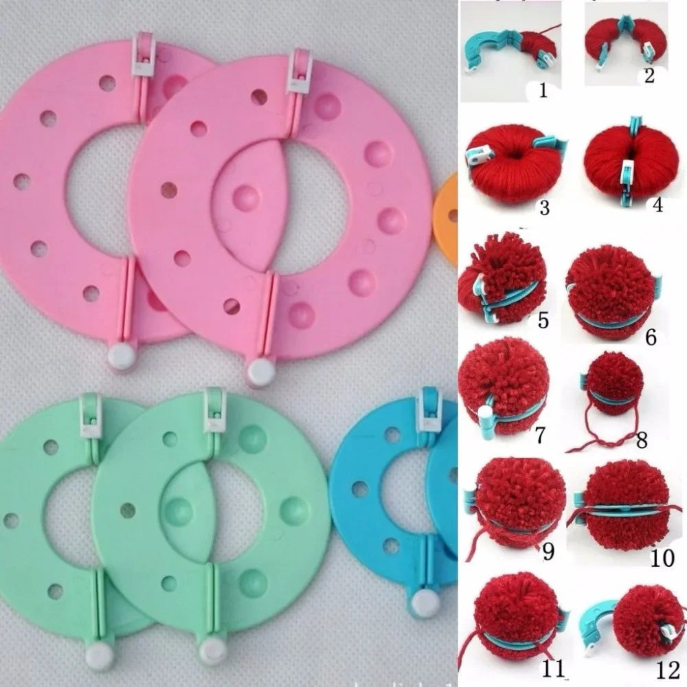 An 8-piece pom pom maker kit featuring pink and green plastic rings and various red and blue yarn pom poms.