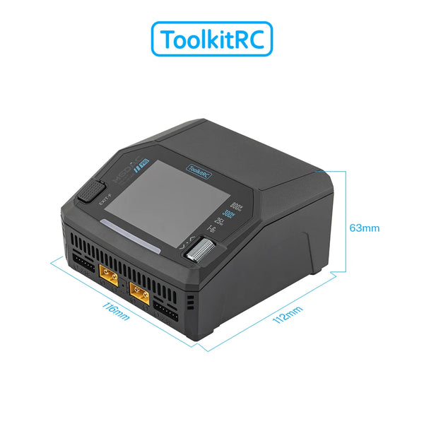 A black electronic device labeled ToolkitRC with dimensions 116mm by 63mm and 122mm.
