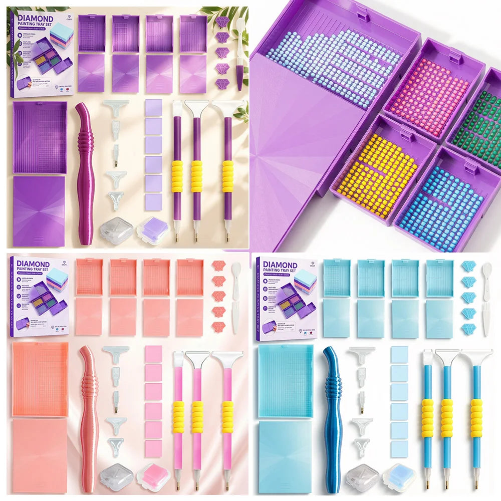 A modular diamond painting organizer with 38 slots and dot pens in various colors and shades.