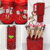 Red flatback resin rhinestones used for DIY crafts, shown in various craft items.
