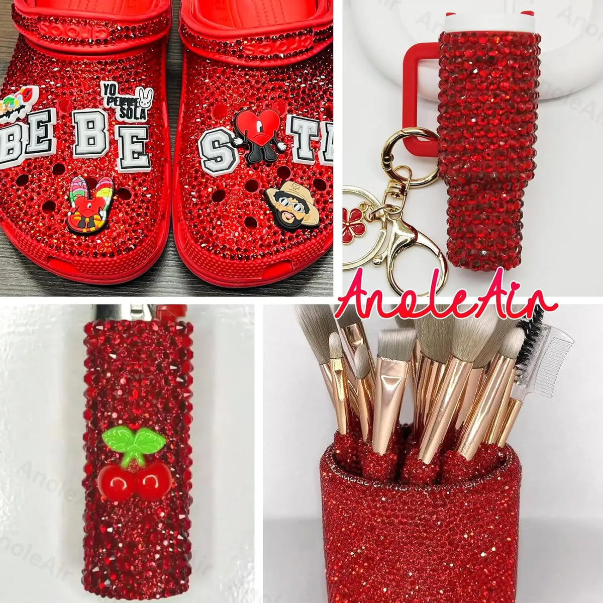 Red flatback resin rhinestones used for DIY crafts, shown in various craft items.