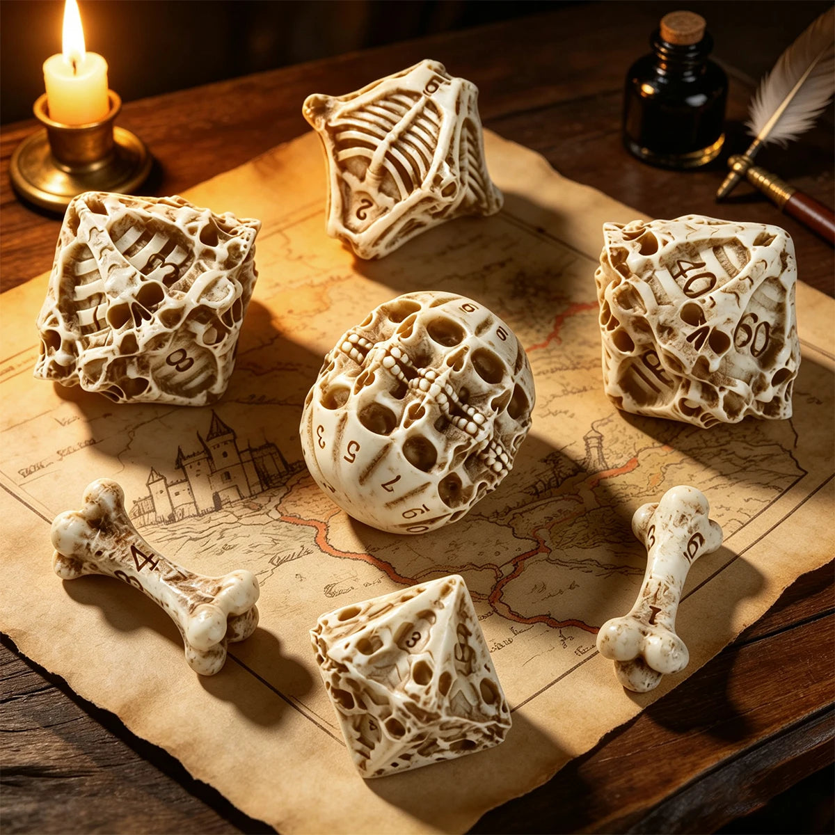 A set of bone skull carved polyhedral dice resting on an old map and wooden surface.