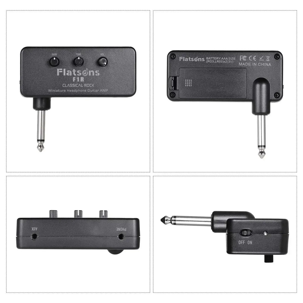 Black portable guitar headphone amplifier with tone control and output jack.