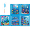 A set of six pages from a magic water coloring book featuring colorful sea creatures and underwater scenes for toddlers.