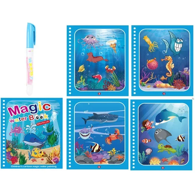 A set of six pages from a magic water coloring book featuring colorful sea creatures and underwater scenes for toddlers.