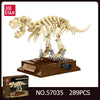 A model dinosaur set featuring a Tyrannosaurus Rex skeleton built from building blocks and displayed on a wooden base.