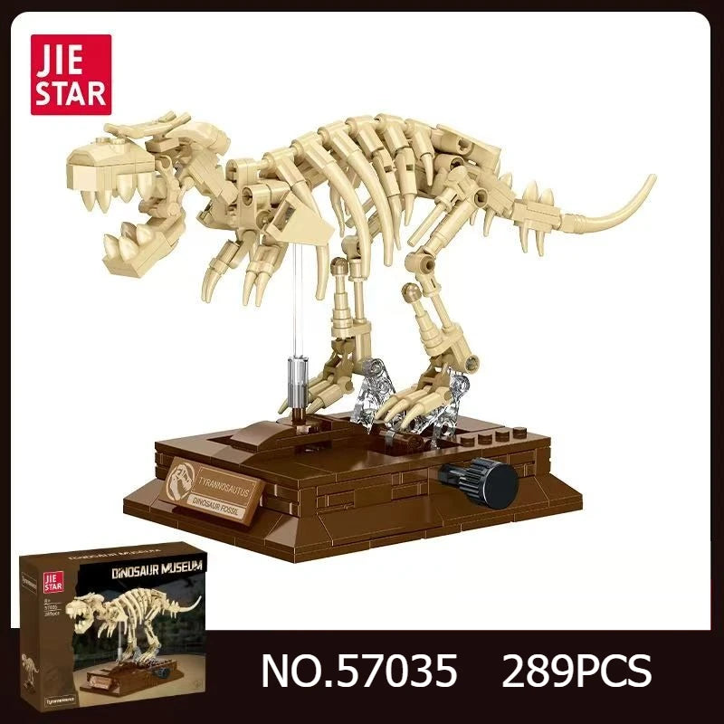 A model dinosaur set featuring a Tyrannosaurus Rex skeleton built from building blocks and displayed on a wooden base.