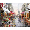 A painting depicting a rainy street scene with historic buildings and the Eiffel Tower in the background.