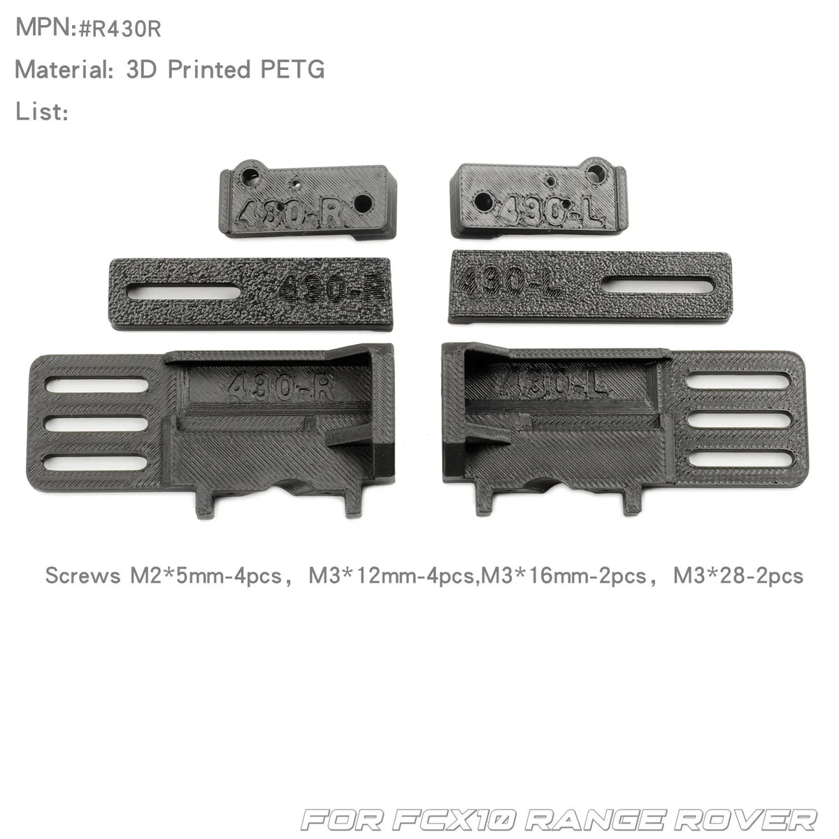 3D printed PETG parts and screws for an FCX10 Range Rover upgrade kit.