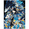 A diamond painting featuring a dark-haired girl with blue hair surrounded by vibrant floral and aquatic elements.